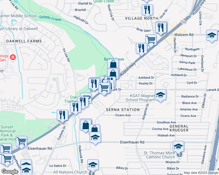 map of restaurants, bars, coffee shops, grocery stores, and more near 137 Lanark Drive in San Antonio