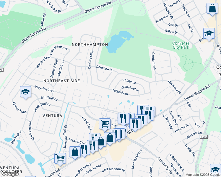 map of restaurants, bars, coffee shops, grocery stores, and more near 8002 Manderly Place in Converse