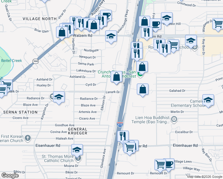 map of restaurants, bars, coffee shops, grocery stores, and more near 8635 Lanark Drive in San Antonio