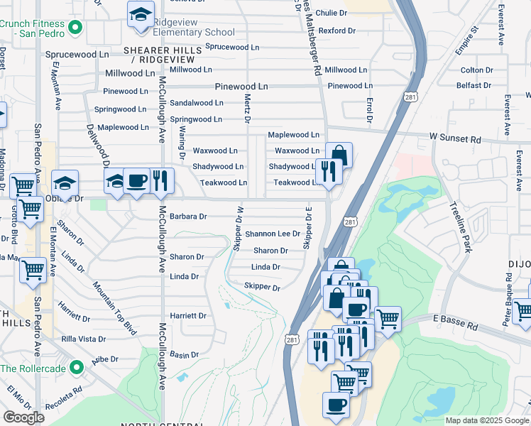 map of restaurants, bars, coffee shops, grocery stores, and more near 331 Barbara Drive in San Antonio