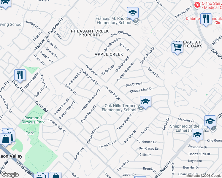 map of restaurants, bars, coffee shops, grocery stores, and more near 6031 Forest Ridge in San Antonio