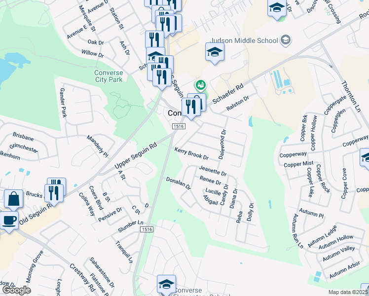 map of restaurants, bars, coffee shops, grocery stores, and more near 108 Kerry Brook Drive in Converse