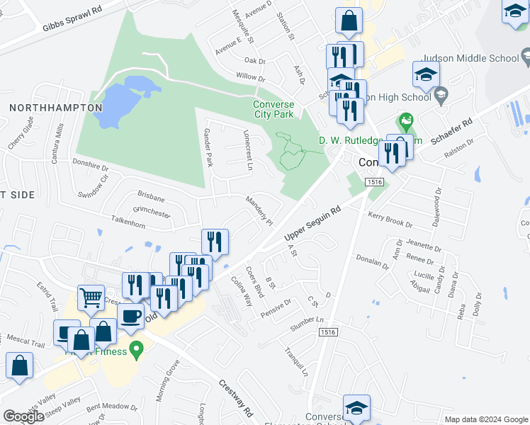 map of restaurants, bars, coffee shops, grocery stores, and more near 8423 Manderly Place in Converse