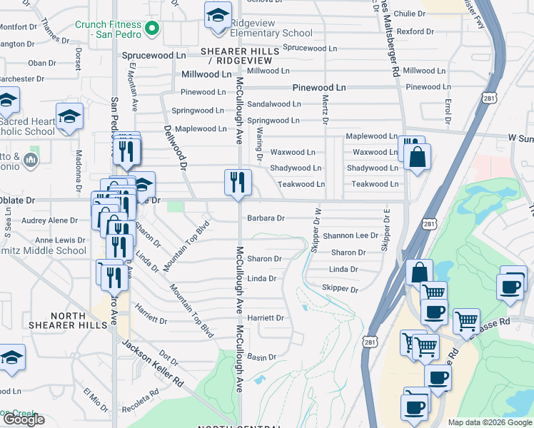 map of restaurants, bars, coffee shops, grocery stores, and more near 231 Barbara Drive in San Antonio