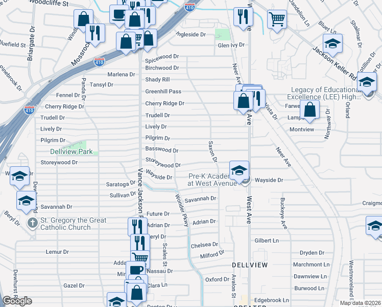 map of restaurants, bars, coffee shops, grocery stores, and more near 226 Basswood Drive in San Antonio