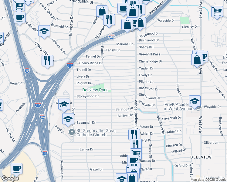 map of restaurants, bars, coffee shops, grocery stores, and more near 454 Basswood Drive in San Antonio