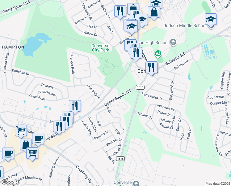 map of restaurants, bars, coffee shops, grocery stores, and more near 7701 Upper Seguin Road in Converse