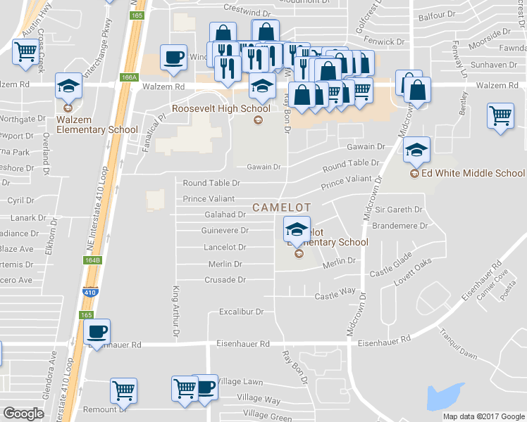 map of restaurants, bars, coffee shops, grocery stores, and more near 5131 Galahad Drive in San Antonio
