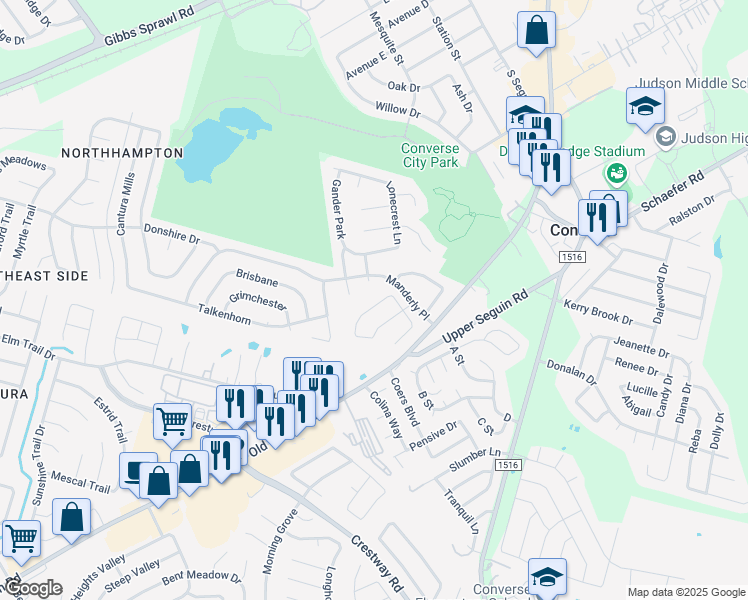 map of restaurants, bars, coffee shops, grocery stores, and more near 7347 Daulton Ridge in Converse