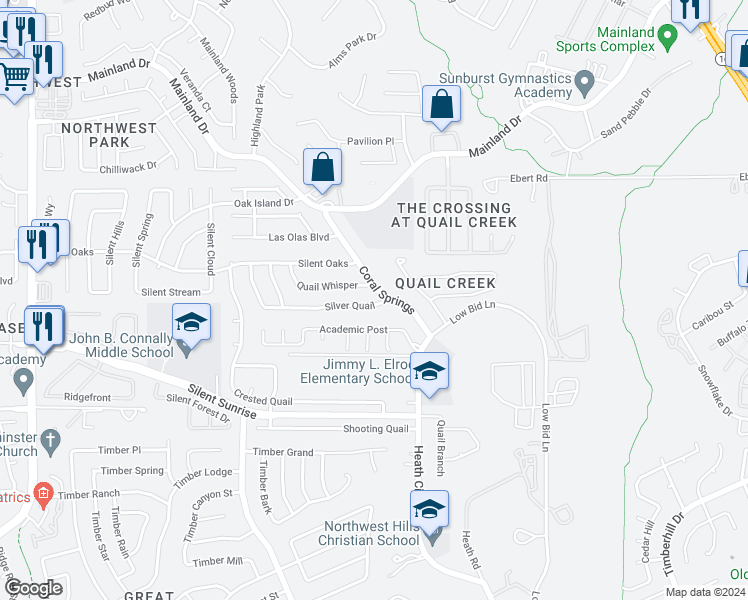 map of restaurants, bars, coffee shops, grocery stores, and more near 8607 Silver Quail in San Antonio