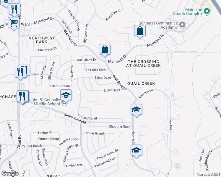 map of restaurants, bars, coffee shops, grocery stores, and more near 8639 Silver Quail in San Antonio