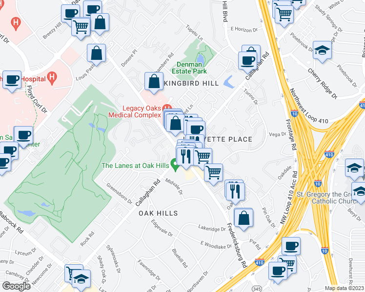 map of restaurants, bars, coffee shops, grocery stores, and more near 5202 Fredericksburg Road in San Antonio