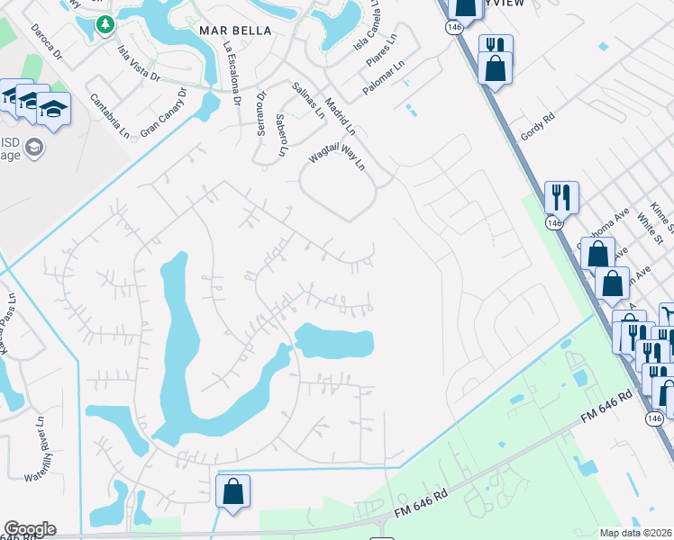 map of restaurants, bars, coffee shops, grocery stores, and more near 3956 Pebble Brook Drive in League City