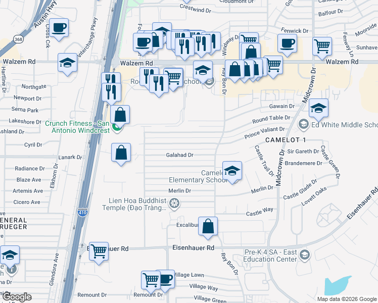 map of restaurants, bars, coffee shops, grocery stores, and more near 5103 Galahad Drive in San Antonio