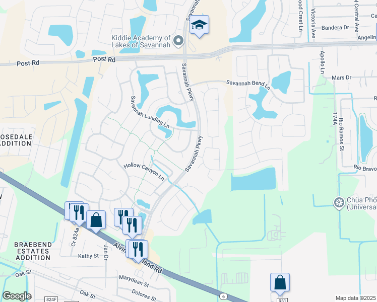 map of restaurants, bars, coffee shops, grocery stores, and more near 5513 Canyon Bluff Lane in Rosharon