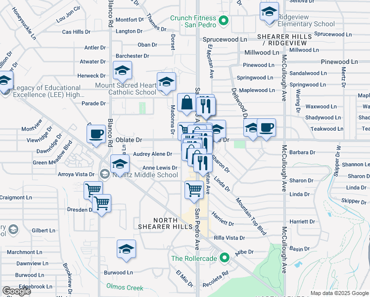 map of restaurants, bars, coffee shops, grocery stores, and more near 6833 San Pedro Avenue in San Antonio