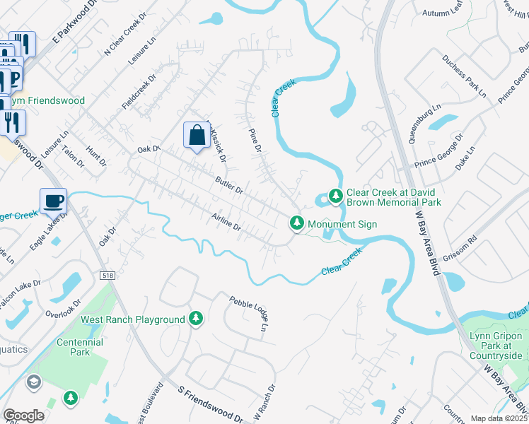 map of restaurants, bars, coffee shops, grocery stores, and more near 2312 Butler Drive in Friendswood