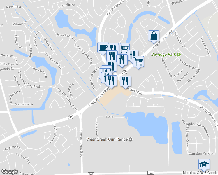 map of restaurants, bars, coffee shops, grocery stores, and more near 2555 East League City Parkway in Dickinson