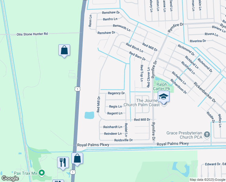 map of restaurants, bars, coffee shops, grocery stores, and more near 46 Regency Drive in Palm Coast