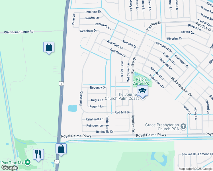 map of restaurants, bars, coffee shops, grocery stores, and more near 34 Regency Drive in Palm Coast