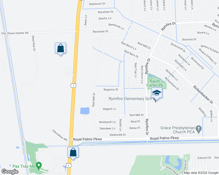 map of restaurants, bars, coffee shops, grocery stores, and more near 46 Regency Drive in Palm Coast