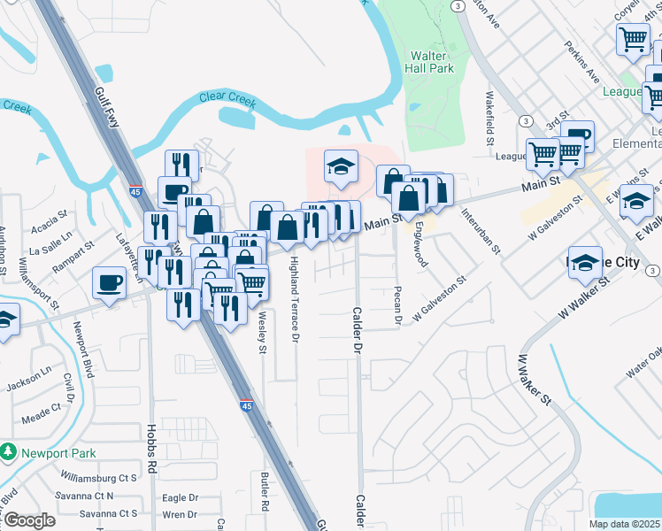 map of restaurants, bars, coffee shops, grocery stores, and more near 1111 West Main Street in League City