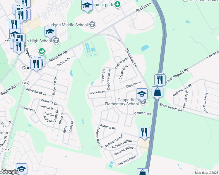 map of restaurants, bars, coffee shops, grocery stores, and more near 8201 Coppergate in Converse