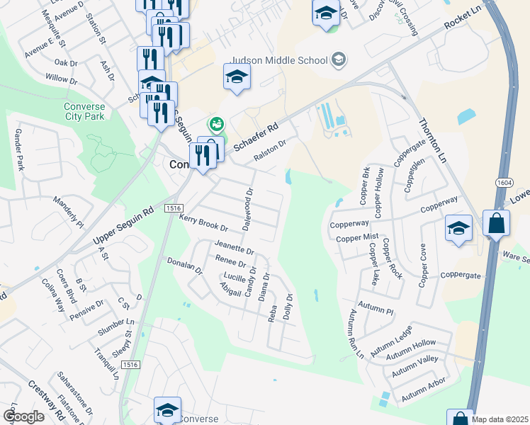 map of restaurants, bars, coffee shops, grocery stores, and more near 306 Kingsman Street in Converse