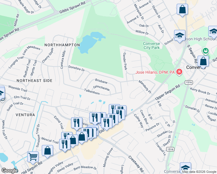 map of restaurants, bars, coffee shops, grocery stores, and more near 8206 Grimchester in Converse