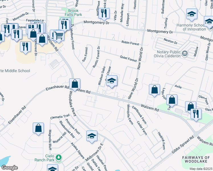 map of restaurants, bars, coffee shops, grocery stores, and more near 7510 Oak Chase in San Antonio