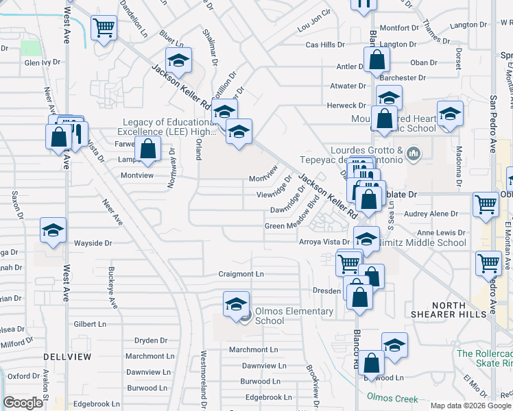 map of restaurants, bars, coffee shops, grocery stores, and more near 307 Dawnridge Drive in San Antonio