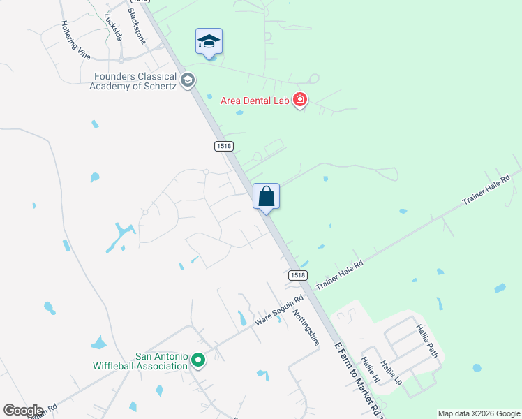 map of restaurants, bars, coffee shops, grocery stores, and more near 7809 Farm to Market Road 1518 in Schertz