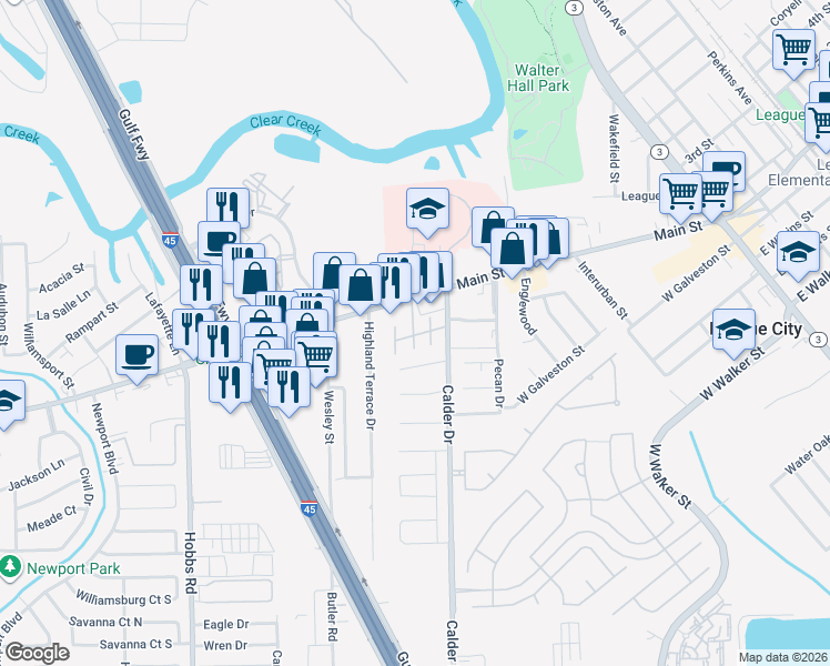 map of restaurants, bars, coffee shops, grocery stores, and more near 1111 West Main Street in League City
