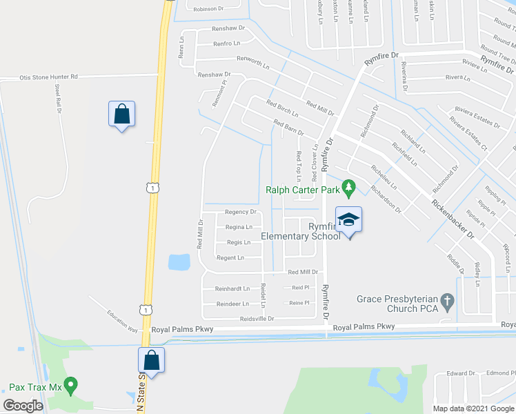 map of restaurants, bars, coffee shops, grocery stores, and more near 34 Regency Drive in Palm Coast