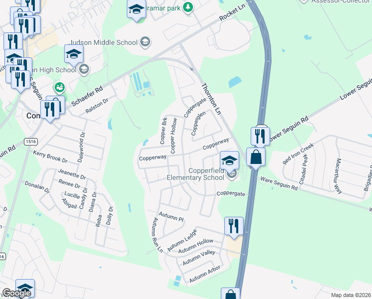 map of restaurants, bars, coffee shops, grocery stores, and more near 8201 Coppergate in Converse