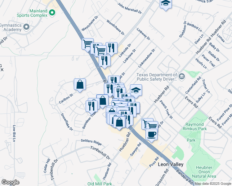 map of restaurants, bars, coffee shops, grocery stores, and more near 7133 Bandera Road in San Antonio