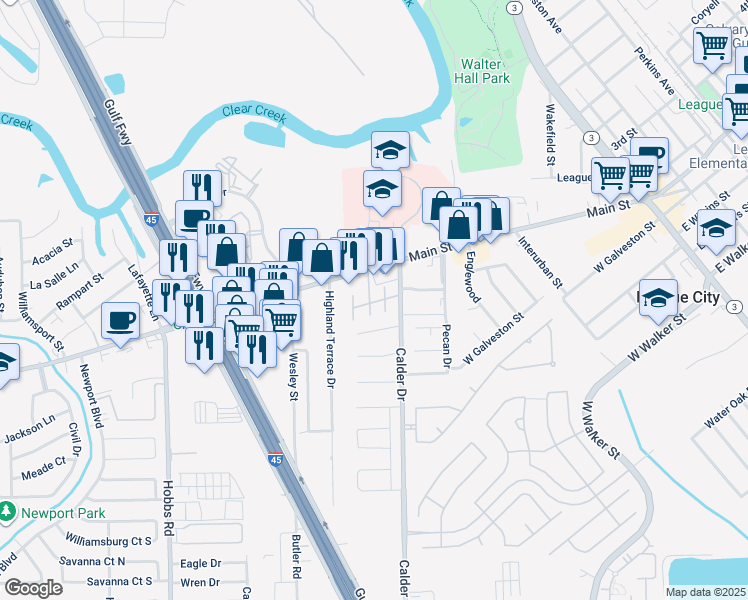 map of restaurants, bars, coffee shops, grocery stores, and more near 1111 West Main Street in League City