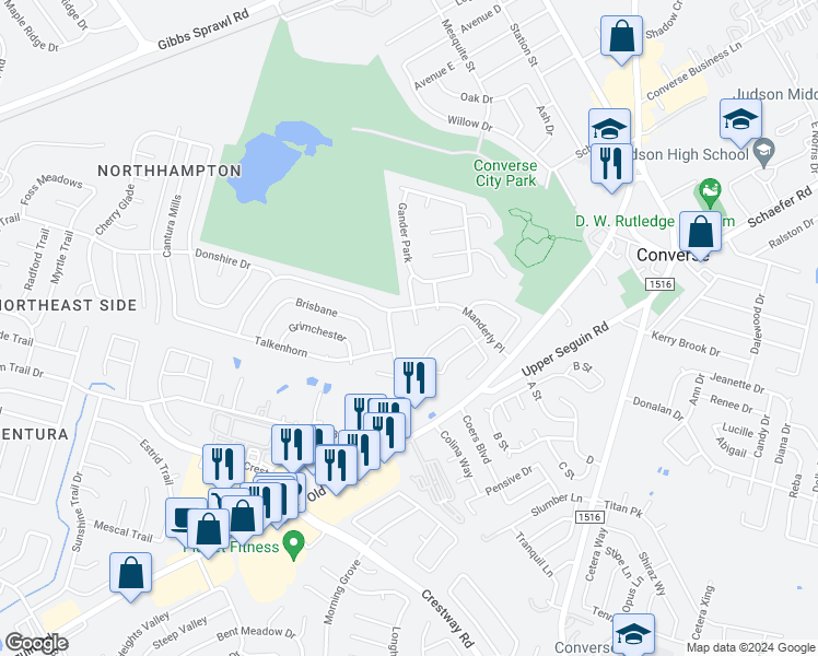 map of restaurants, bars, coffee shops, grocery stores, and more near 7311 Northallerton in Converse