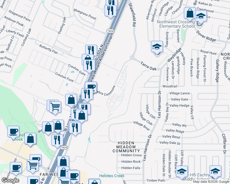 map of restaurants, bars, coffee shops, grocery stores, and more near 6367 Village Club in San Antonio