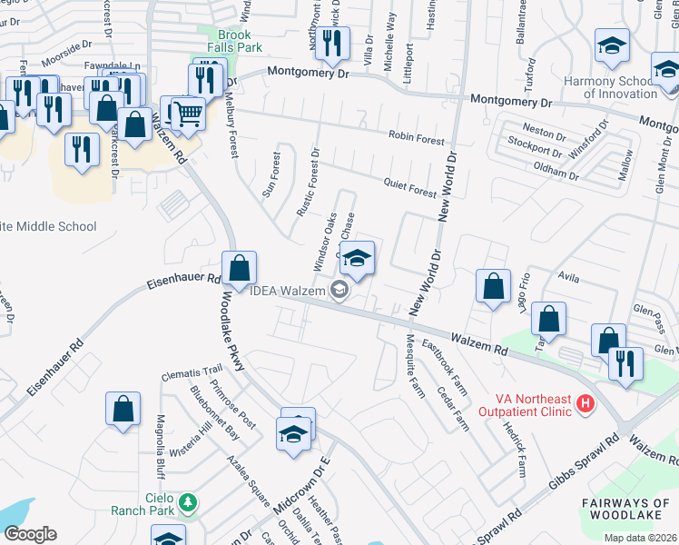 map of restaurants, bars, coffee shops, grocery stores, and more near 7510 Oak Chase in San Antonio