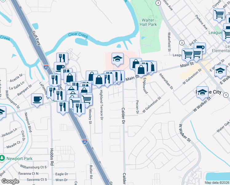 map of restaurants, bars, coffee shops, grocery stores, and more near 1111 West Main Street in League City