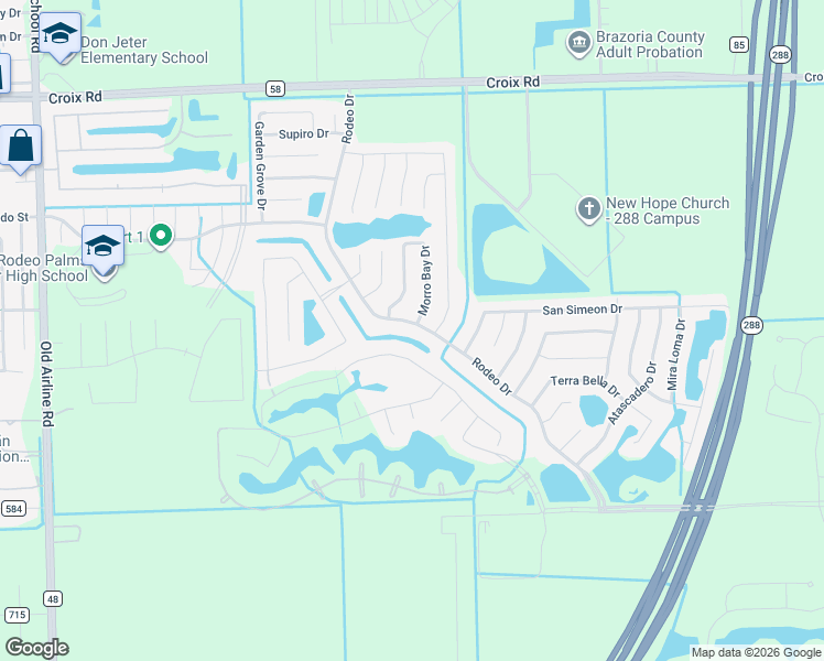 map of restaurants, bars, coffee shops, grocery stores, and more near 105 Rodeo Drive in Manvel