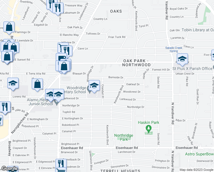 map of restaurants, bars, coffee shops, grocery stores, and more near 410 Oakleaf Drive in San Antonio