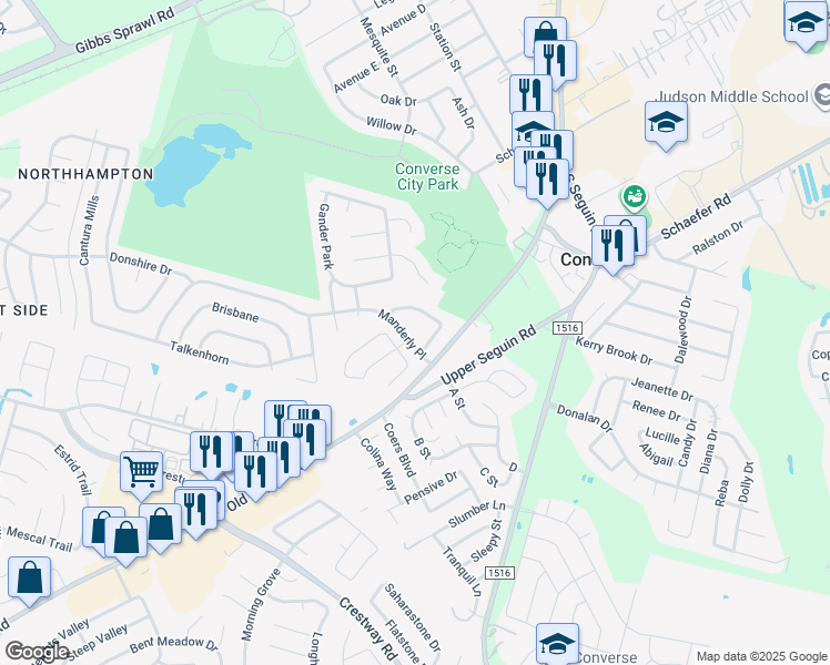 map of restaurants, bars, coffee shops, grocery stores, and more near 8502 Secret Hollow in Converse