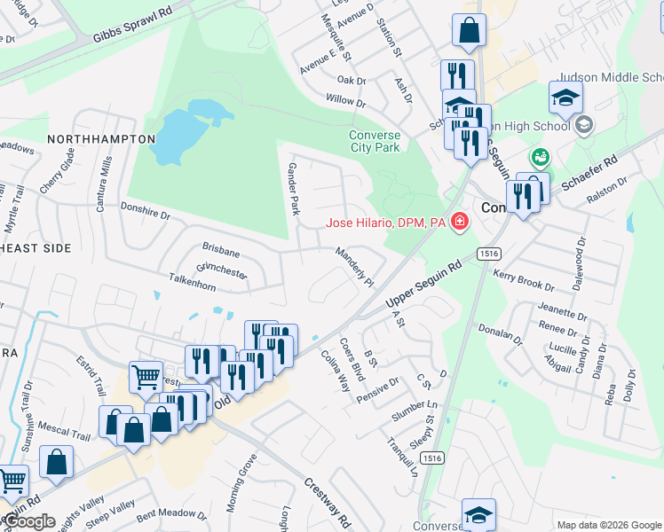 map of restaurants, bars, coffee shops, grocery stores, and more near 7343 Daulton Ridge in Converse