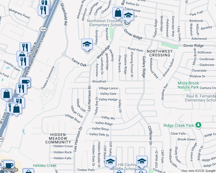 map of restaurants, bars, coffee shops, grocery stores, and more near 9334 Village Lance in San Antonio