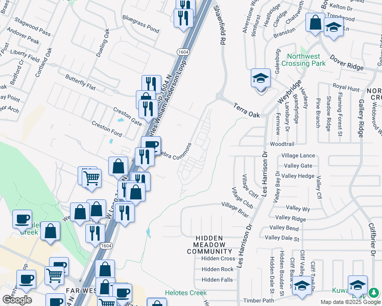 map of restaurants, bars, coffee shops, grocery stores, and more near 6367 Village Club in San Antonio