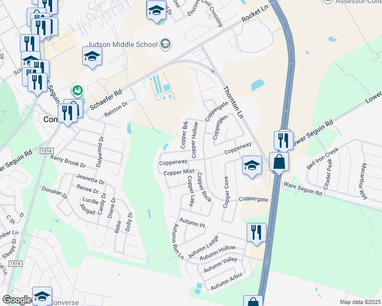 map of restaurants, bars, coffee shops, grocery stores, and more near 9453 Copperway in Converse