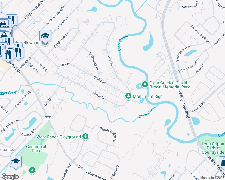 map of restaurants, bars, coffee shops, grocery stores, and more near 2312 Butler Drive in Friendswood