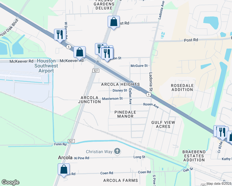 map of restaurants, bars, coffee shops, grocery stores, and more near 221 Masterson Street in Rosharon